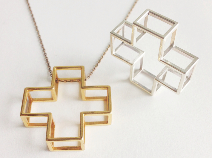 3D Plus Pendant 3d printed Gold Plated Brass &amp; Sterling Silver