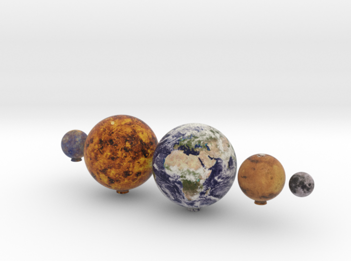 Mercury, Venus, Earth, Moon &amp; Mars to scale v.1(M) 3d printed