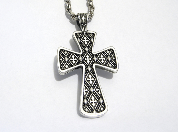 Ornate Cross Pendant - Medium 3d printed Silver - Aftermarket Patina - Lightly Polished